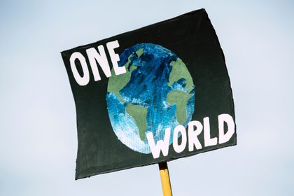 Hand-painted One Word protest sign with image of the earth