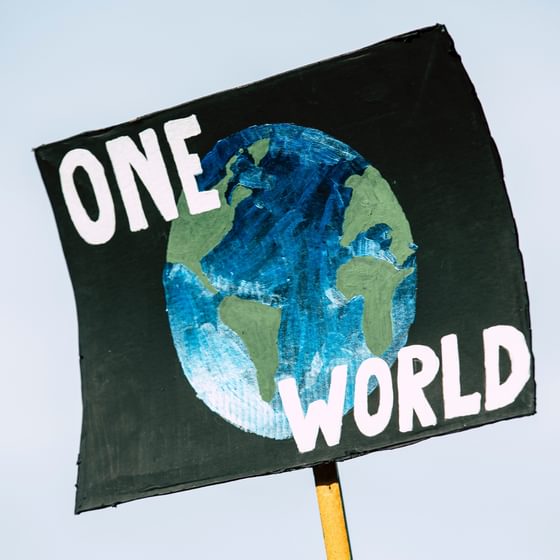 Hand-painted One Word protest sign with image of the earth